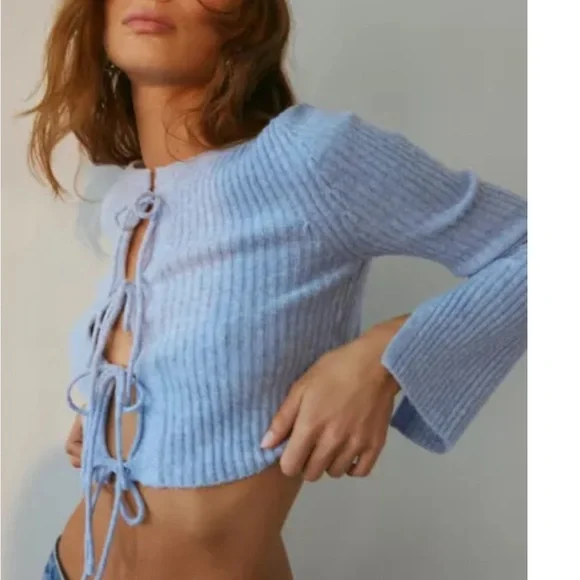 Light Blue Ribbed Tie-Front Sweater - Picture 1 of 3